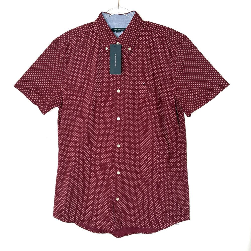 Tommy Hilfiger Red Dotted Short Sleeve Casual Button Up Shirt NWT Mens Large